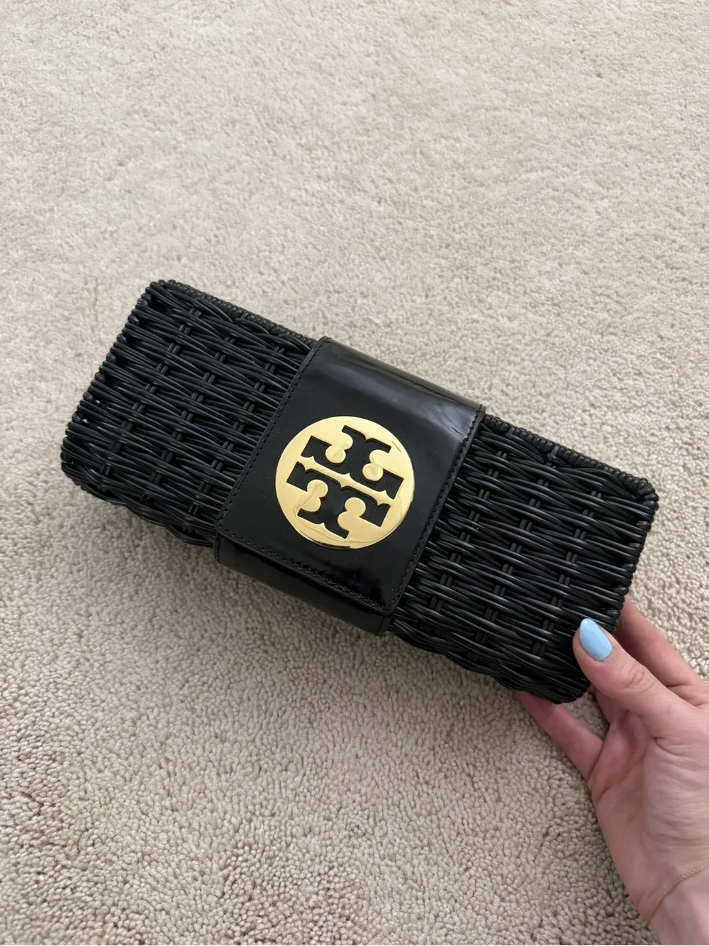 Tory Burch Black Woven Clutch with Gold Medallion